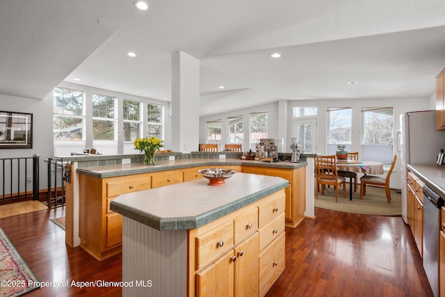 kitchen featuring dishwasher, recessed lighting, dark wood-style flooring, and a kitchen island