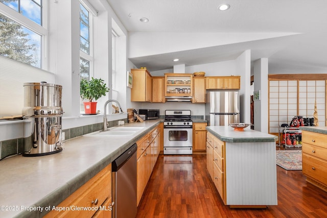 kitchen with a sink, light brown cabinetry, lofted ceiling, stainless steel appliances, and dark wood-style flooring