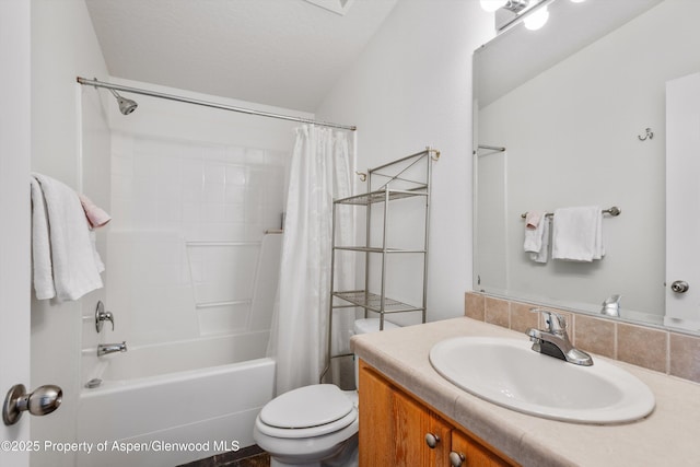 full bathroom with vanity, toilet, and shower / bathtub combination with curtain