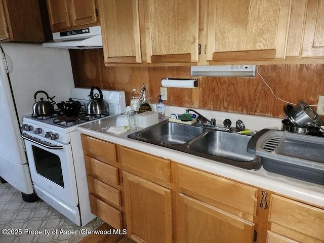 kitchen with under cabinet range hood, a sink, gas range gas stove, and light countertops