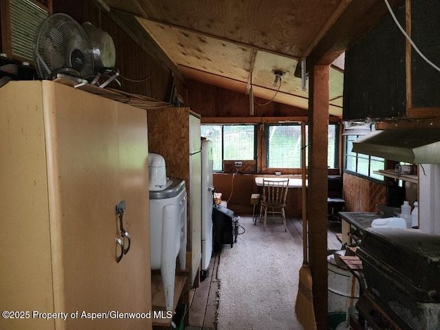 interior space featuring carpet flooring, washer / dryer, and lofted ceiling