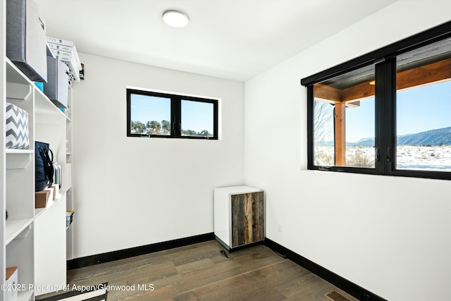 unfurnished room featuring dark wood-type flooring and a mountain view