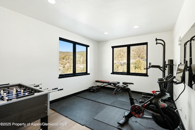 workout room with light hardwood / wood-style floors and a healthy amount of sunlight