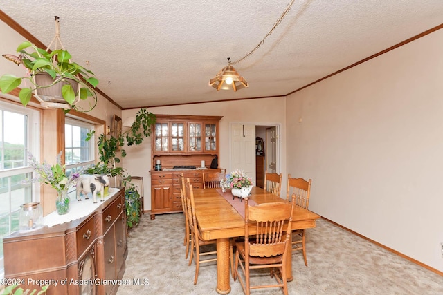 carpeted dining space with lofted ceiling, a textured ceiling, and ornamental molding