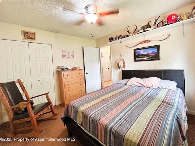 1111 Barclay St, Craig, CO 81625 - carpeted bedroom featuring a closet, a textured ceiling, and a ceiling fan