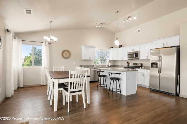 325 SE Cobblestone Ct, Cedaredge, CO 81413 - dining area featuring a chandelier, dark wood-type flooring, rail lighting, and high vaulted ceiling