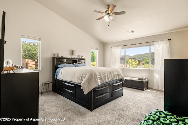 325 SE Cobblestone Ct, Cedaredge, CO 81413 - carpeted bedroom featuring high vaulted ceiling and ceiling fan
