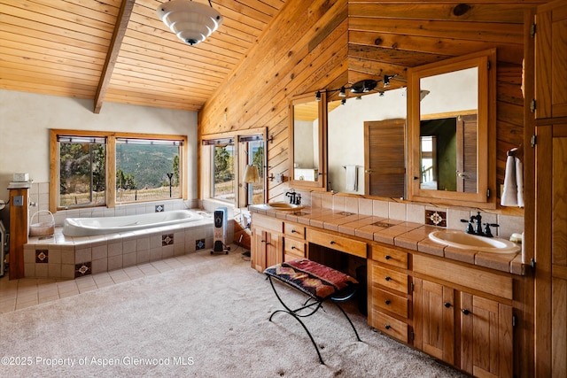 14 Fender Ln, Carbondale, CO 81623 - full bathroom featuring double vanity, wood ceiling, and a bath