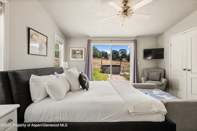 14 Fender Ln, Carbondale, CO 81623 - bedroom featuring access to exterior, ceiling fan, a textured ceiling, and a closet