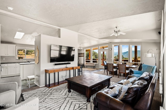 14 Fender Ln, Carbondale, CO 81623 - living area featuring a textured ceiling, ceiling fan, and a skylight