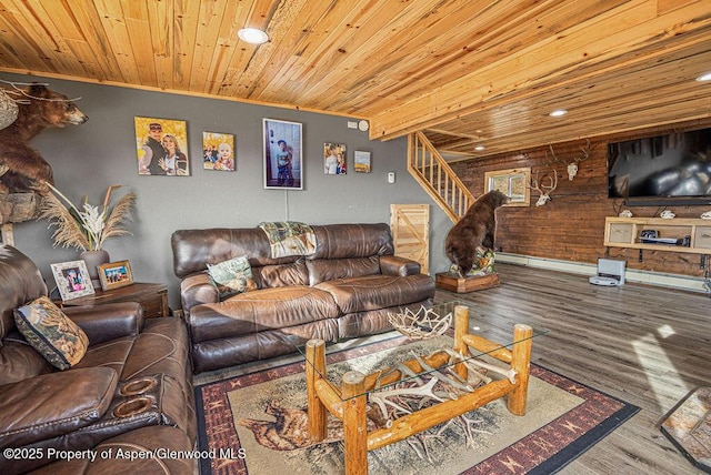 950 Highland Dr, Craig, CO 81625 - living room featuring wood ceiling, stairway, wooden walls, recessed lighting, and wood finished floors
