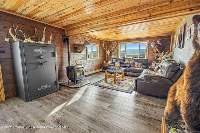 950 Highland Dr, Craig, CO 81625 - living area with a wood stove, wood walls, wood finished floors, and wood ceiling