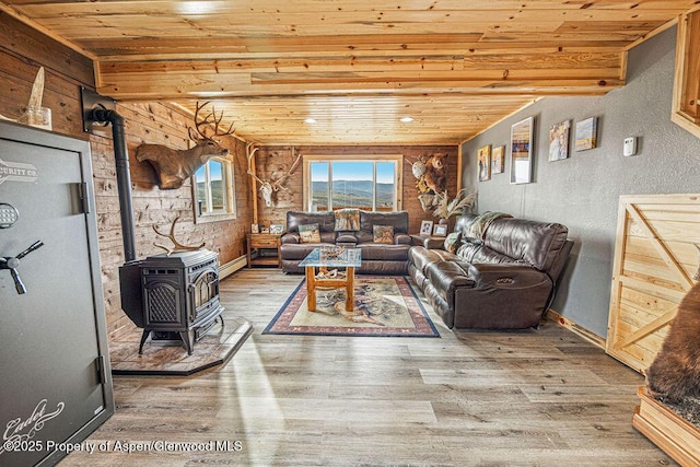 950 Highland Dr, Craig, CO 81625 - living area featuring a wood stove, wooden ceiling, a textured wall, wood finished floors, and a baseboard radiator