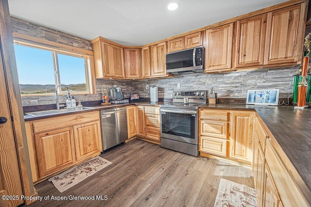 950 Highland Dr, Craig, CO 81625 - kitchen with wood finished floors, appliances with stainless steel finishes, decorative backsplash, and a sink