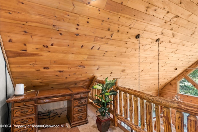 unfurnished office with lofted ceiling, carpet floors, and wooden ceiling