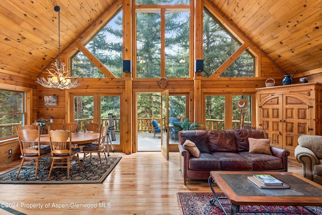 living room with wooden walls, light hardwood / wood-style flooring, high vaulted ceiling, wooden ceiling, and a chandelier