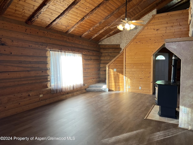 additional living space with a wood stove, wooden ceiling, hardwood / wood-style flooring, log walls, and beam ceiling