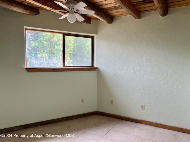 empty room with beam ceiling, ceiling fan, and wooden ceiling