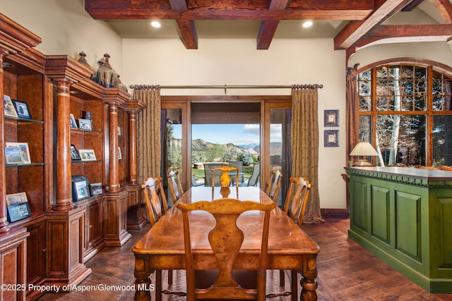 dining area featuring recessed lighting, dark wood-style flooring, coffered ceiling, and beamed ceiling