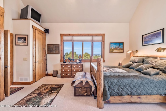 76 County Road 60b, Maybell, CO 81640 - bedroom with carpet, baseboards, vaulted ceiling, and visible vents