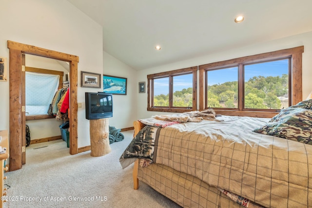 76 County Road 60b, Maybell, CO 81640 - bedroom with light colored carpet, lofted ceiling, baseboards, and recessed lighting