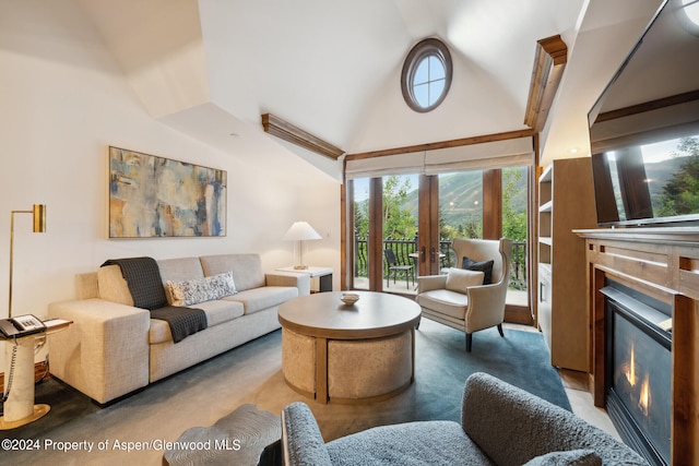 living room featuring lofted ceiling