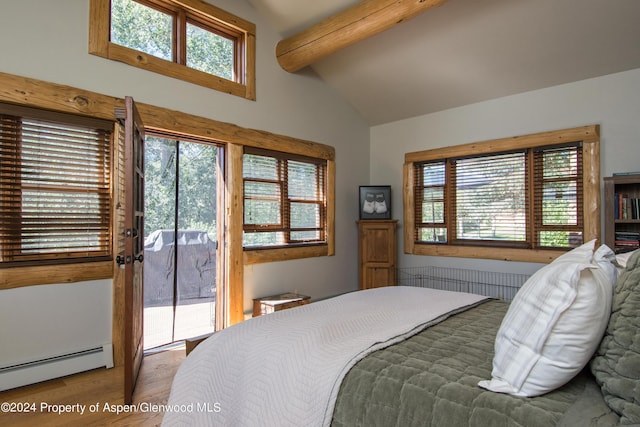 bedroom featuring access to exterior, a baseboard radiator, multiple windows, and vaulted ceiling with beams