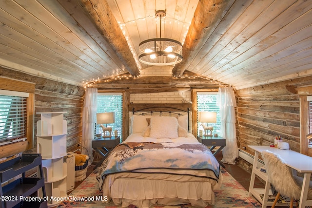 bedroom with rustic walls, lofted ceiling with beams, wooden ceiling, and an inviting chandelier