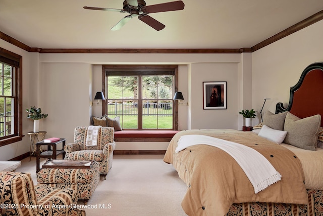 611 Oregon Trl, Aspen, CO 81611 - bedroom with crown molding, carpet, and ceiling fan