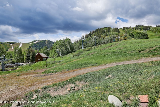 611 Oregon Trl, Aspen, CO 81611 - view of yard with a view of rural / pastoral area, a mountain view, a barn, and an outbuilding