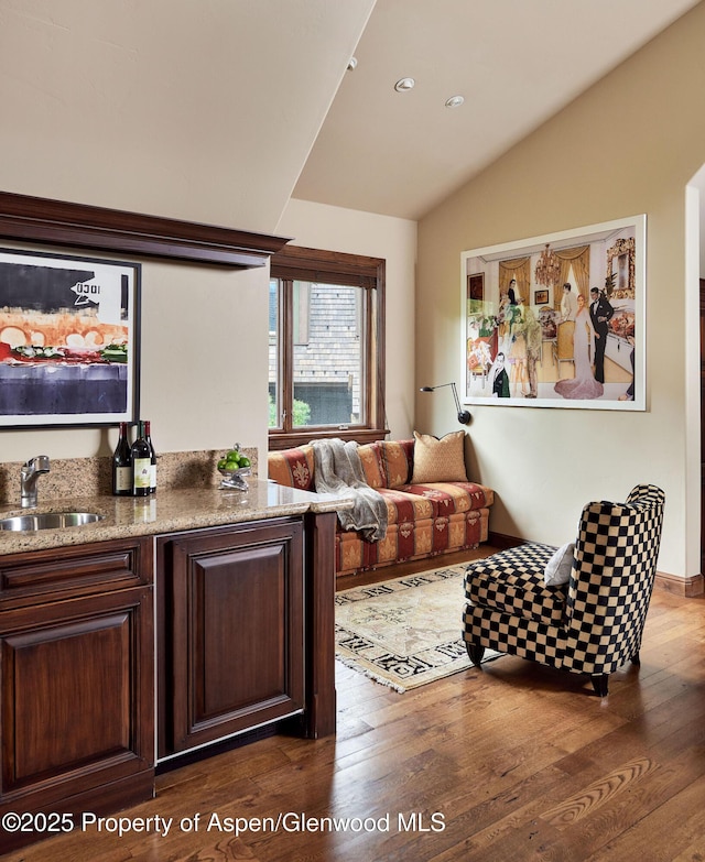 611 Oregon Trl, Aspen, CO 81611 - living area with lofted ceiling, wood finished floors, and recessed lighting