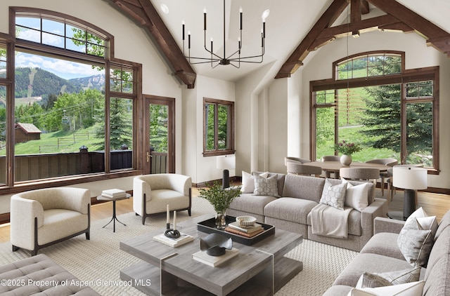 611 Oregon Trl, Aspen, CO 81611 - living room with high vaulted ceiling, a chandelier, healthy amount of natural light, a mountain view, and wood finished floors