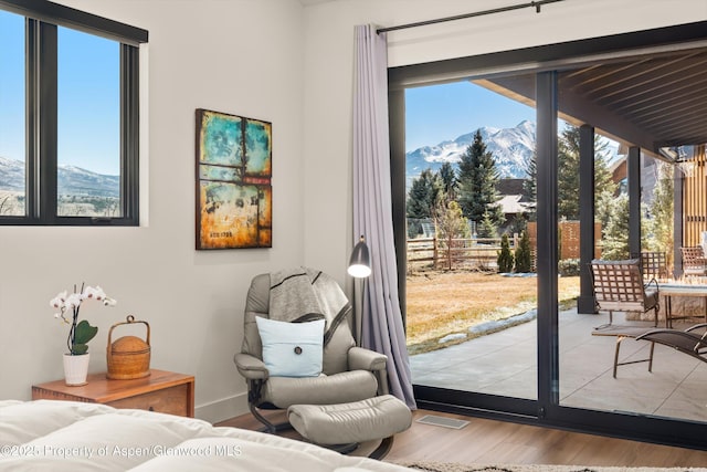 doorway to outside featuring visible vents, a mountain view, and wood finished floors