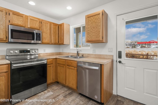 kitchen with stainless steel appliances, dark hardwood / wood-style flooring, and sink