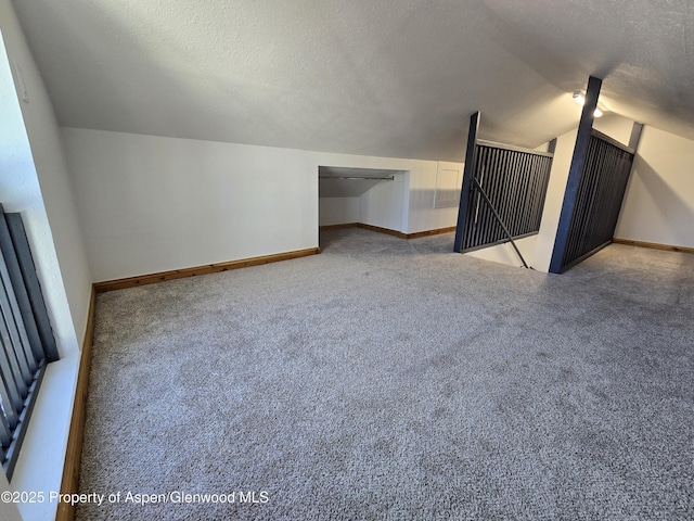 bonus room featuring carpet floors, vaulted ceiling, and a textured ceiling