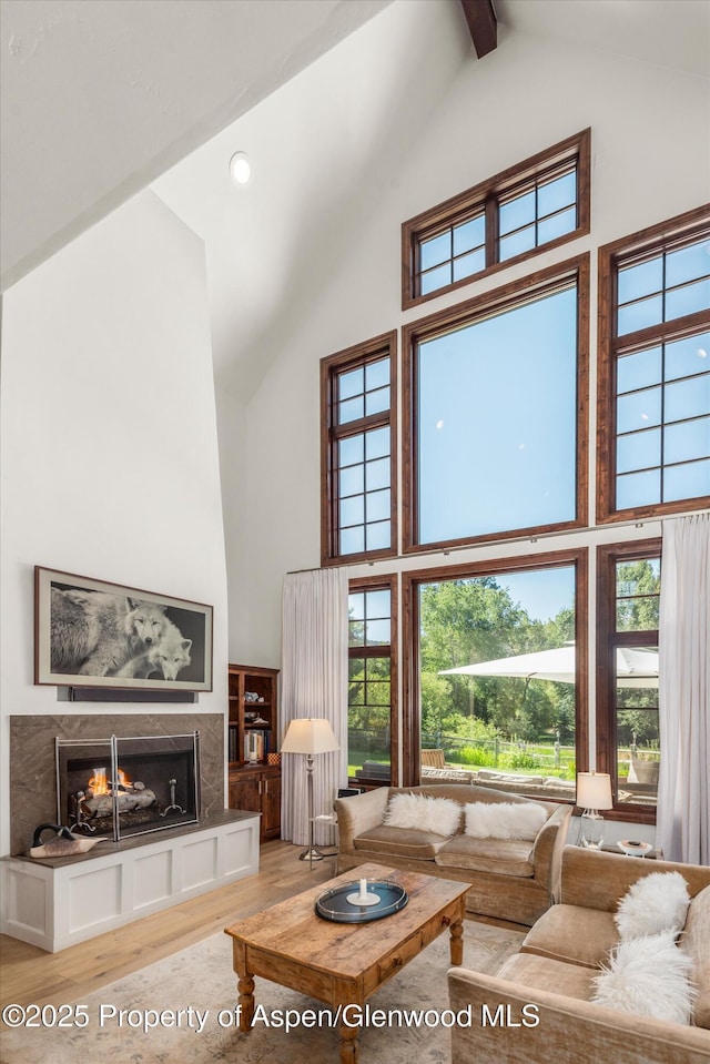 11 Pinon Ln, Carbondale, CO 81623 - living room with high vaulted ceiling, wood finished floors, a premium fireplace, beam ceiling, and plenty of natural light
