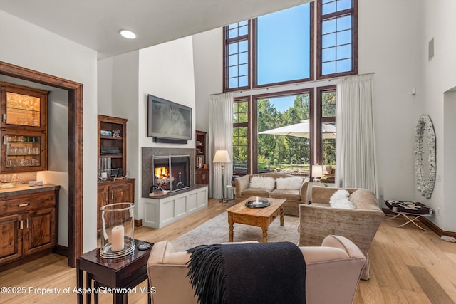 11 Pinon Ln, Carbondale, CO 81623 - living area featuring a towering ceiling, a premium fireplace, and light wood-style flooring