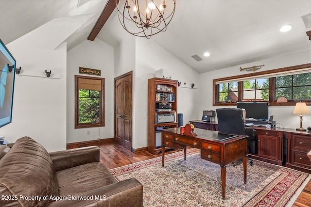 11 Pinon Ln, Carbondale, CO 81623 - home office with wood finished floors, a chandelier, and recessed lighting
