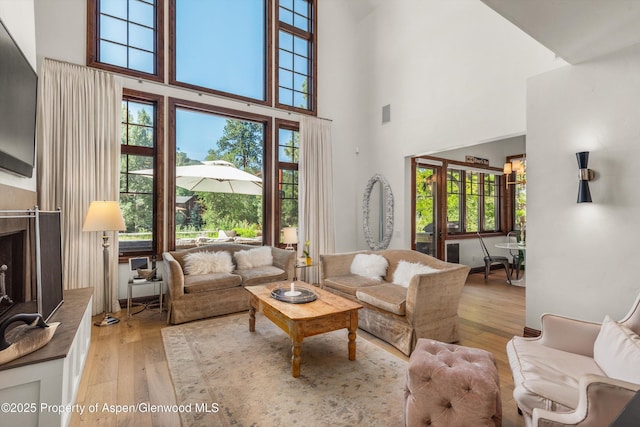 11 Pinon Ln, Carbondale, CO 81623 - living area with a high ceiling, hardwood / wood-style flooring, plenty of natural light, and a fireplace with raised hearth