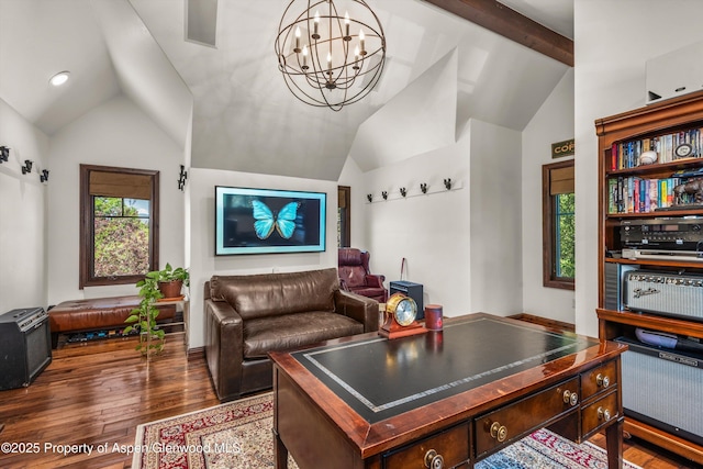 11 Pinon Ln, Carbondale, CO 81623 - living room with lofted ceiling, wood finished floors, and a chandelier