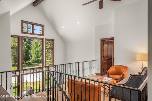 11 Pinon Ln, Carbondale, CO 81623 - hall with high vaulted ceiling, wood finished floors, beam ceiling, and recessed lighting