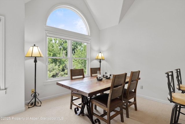 655 Gold Rivers Ct Unit 25F, Basalt, CO 81621 - dining space featuring baseboards, high vaulted ceiling, and light colored carpet