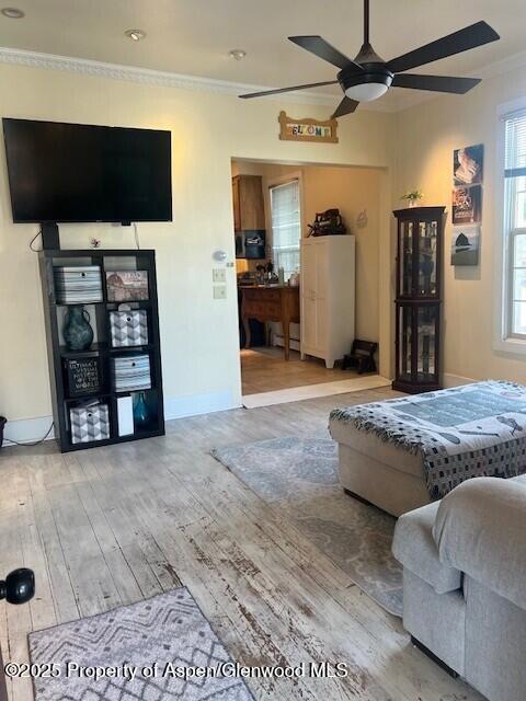 337 W Ave, Rifle, CO 81650 - bedroom with crown molding, wood finished floors, and a ceiling fan