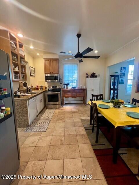 337 W Ave, Rifle, CO 81650 - kitchen featuring appliances with stainless steel finishes, a ceiling fan, plenty of natural light, dark countertops, and ornamental molding
