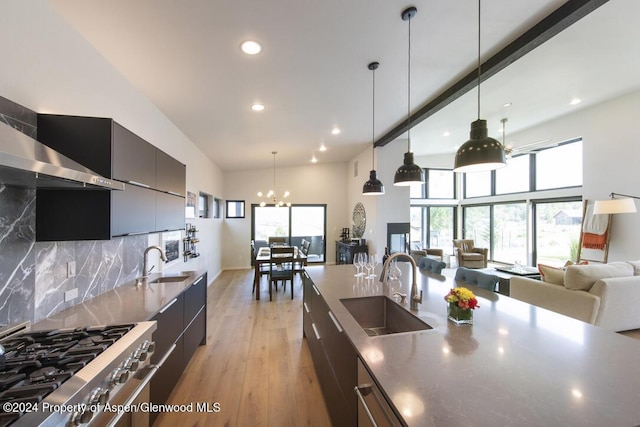 kitchen featuring pendant lighting, backsplash, stainless steel appliances, and sink