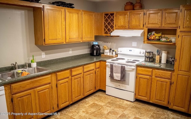 337 E 5 Th St, Rifle, CO 81650 - kitchen featuring electric range, under cabinet range hood, dark countertops, and brown cabinetry