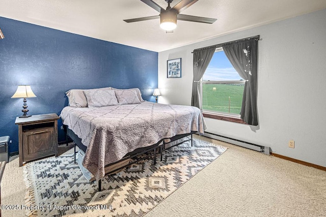 3598 County Road 35, Craig, CO 81625 - bedroom featuring a baseboard radiator, a textured wall, light colored carpet, baseboards, and a ceiling fan