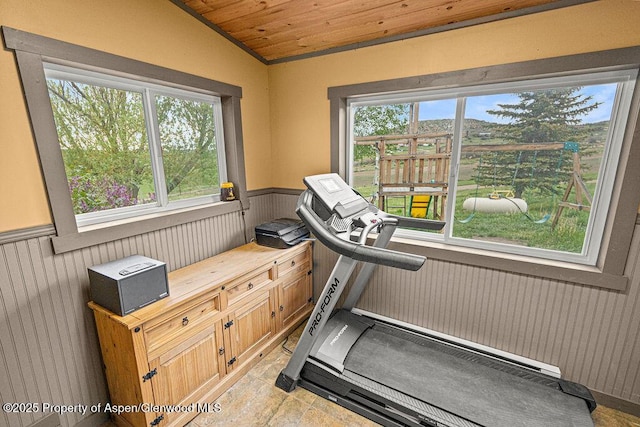3598 County Road 35, Craig, CO 81625 - exercise area featuring wainscoting, lofted ceiling, wood ceiling, light stone finish flooring, and wood walls