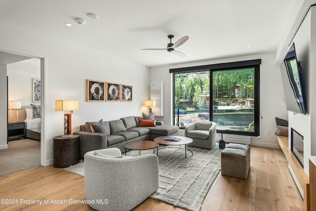 living room featuring ceiling fan and light hardwood / wood-style floors