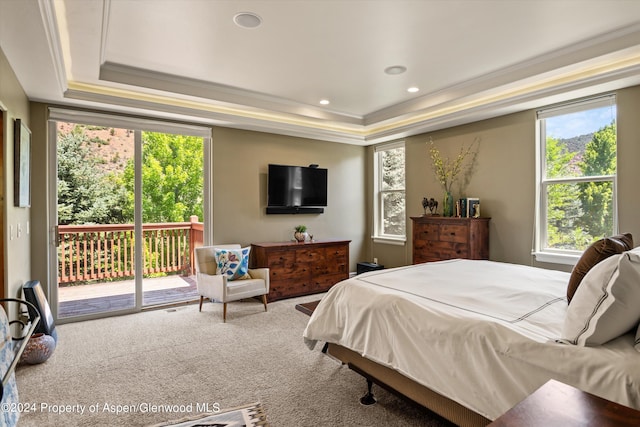 carpeted bedroom with access to exterior, a raised ceiling, ornamental molding, and multiple windows